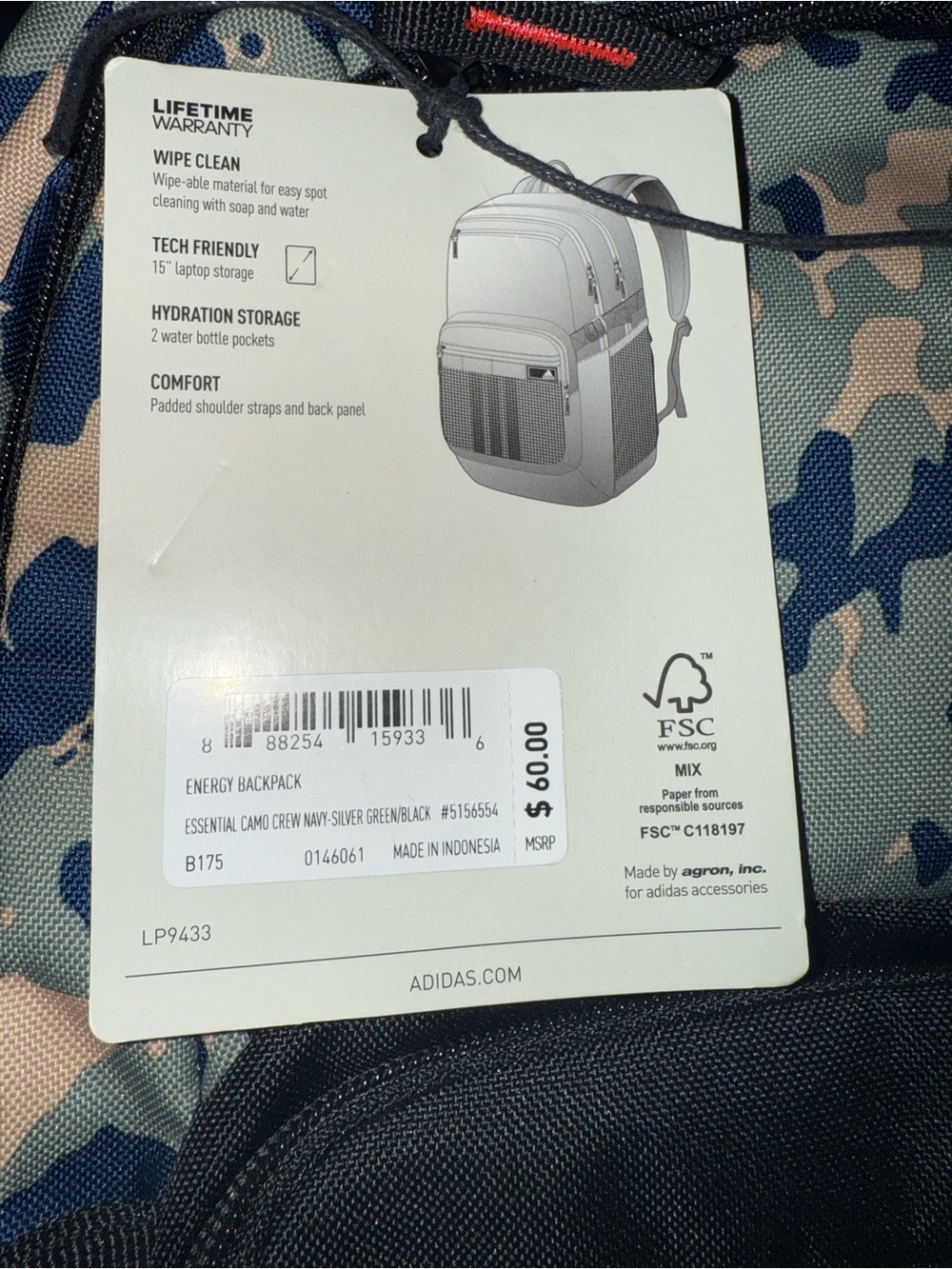adidas Kids Camo Backpack in Navy & Light Gray - Picture 3 of 3